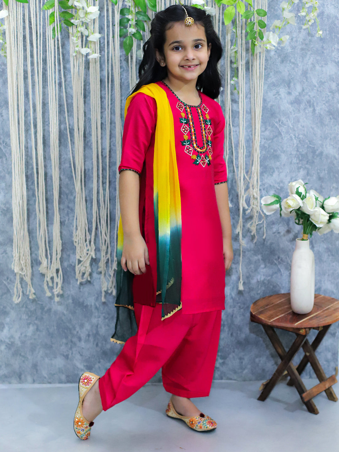 BownBee Embroidered Kurti with Salwar and Dupatta for Girls- Pink