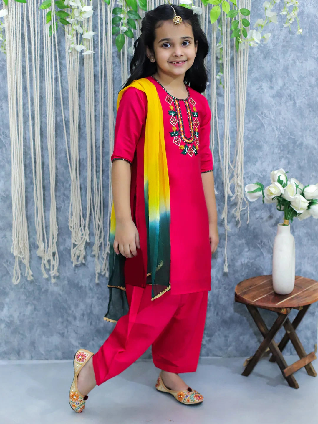 BownBee Embroidered Kurti with Salwar and Dupatta for Girls