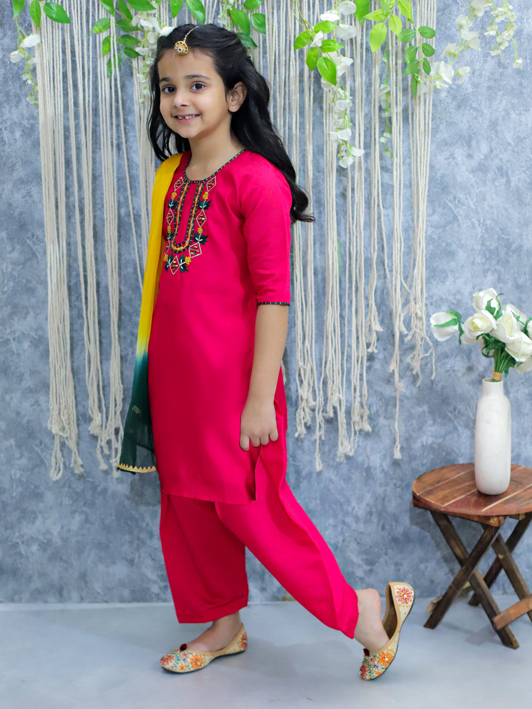 BownBee Sibling Set Embroidered Full Sleeve Dhoti Kurta for Boys and Embroidered Kurti with Salwar and Dupatta for Girls- Pink