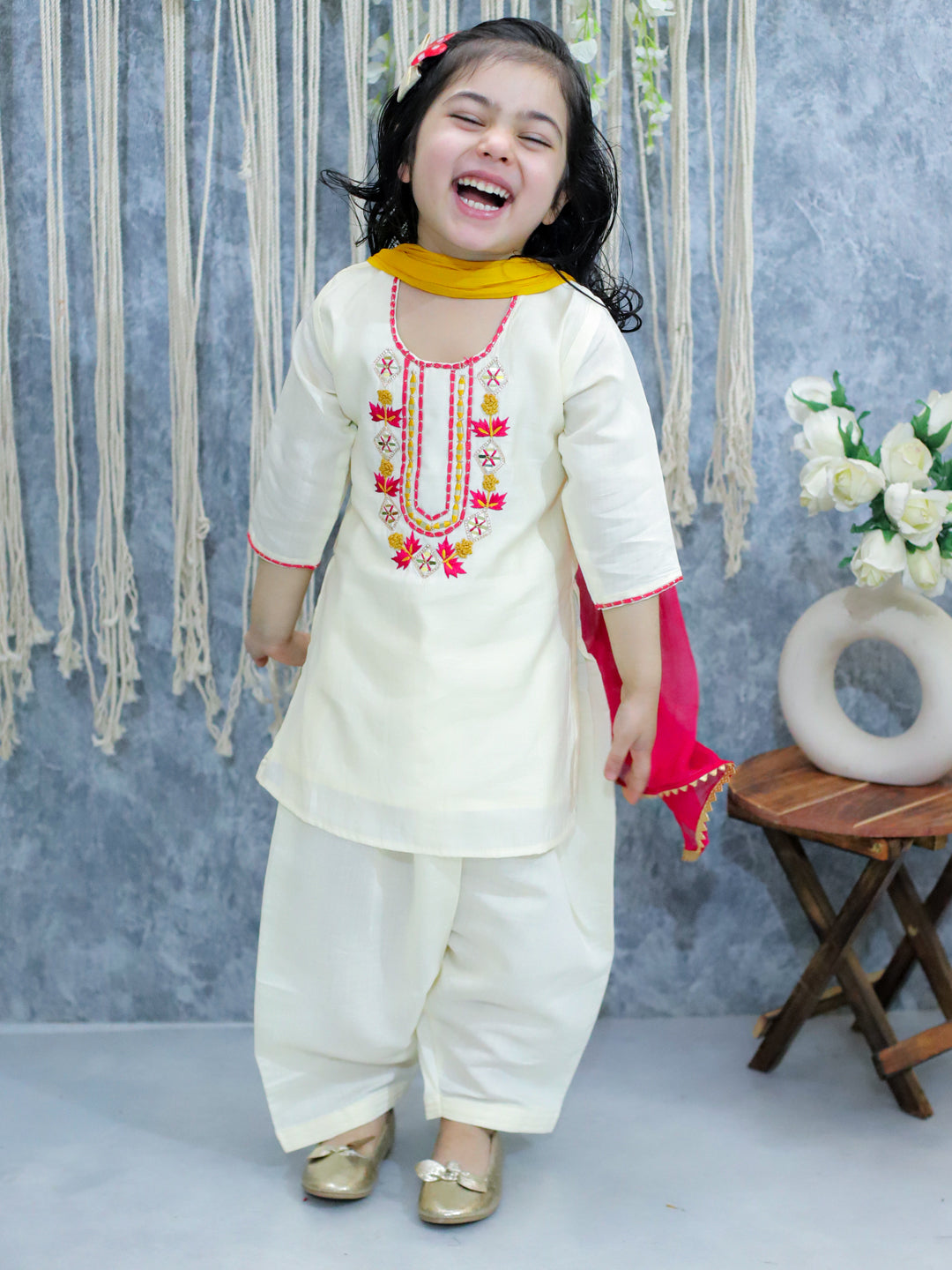 BownBee Sibling Set Embroidered Full Sleeve Dhoti Kurta for Boys and Embroidered Kurti with Salwar and Dupatta for Girls- White