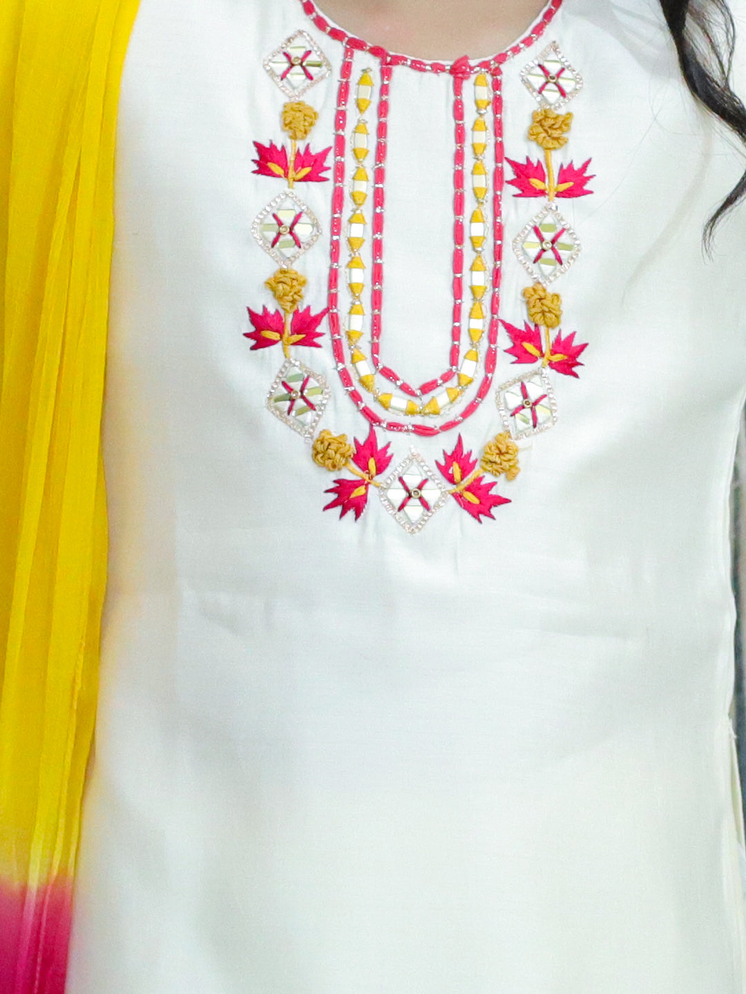 BownBee Embroidered Kurti with Salwar and Dupatta for Girls- White