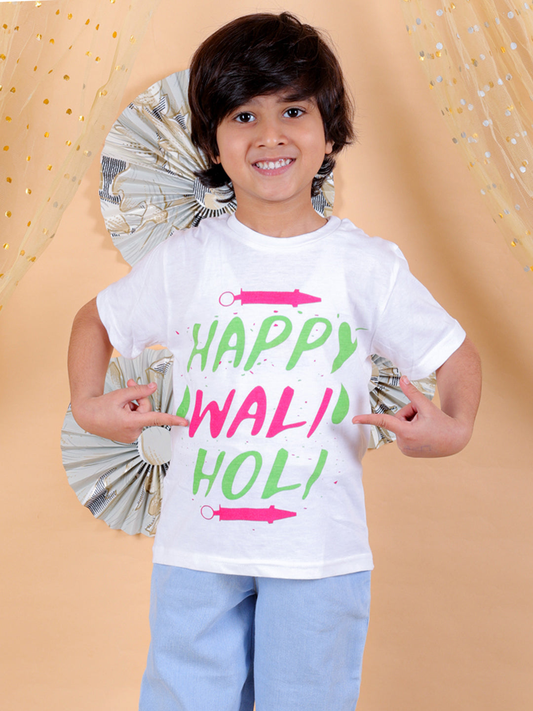 BownBee Sibling Sets Happy Wali Holi Half Sleeve Round Neck Printed T-shirt-White