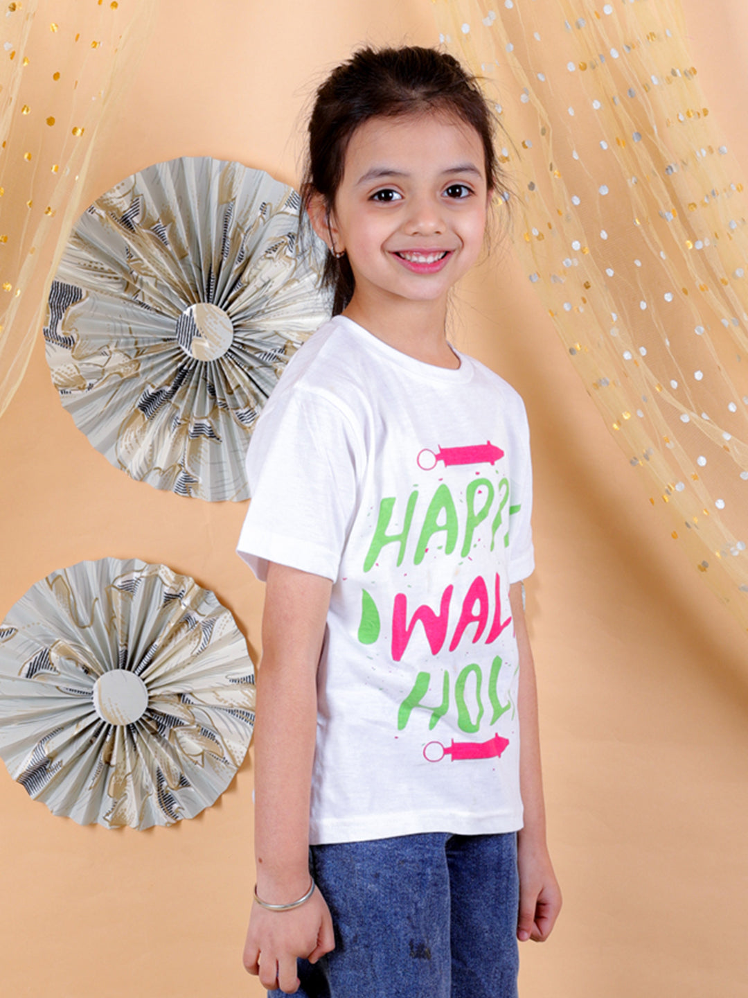 BownBee Sibling Sets Happy Wali Holi Half Sleeve Round Neck Printed T-shirt-White