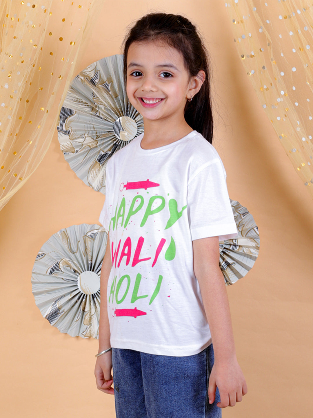 BownBee Sibling Sets Happy Wali Holi Half Sleeve Round Neck Printed T-shirt-White