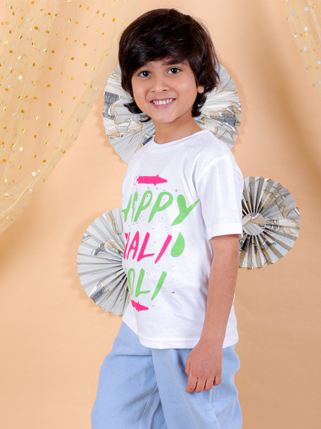 BownBee Sibling Sets Happy Wali Holi Half Sleeve Round Neck Printed T-shirt-White