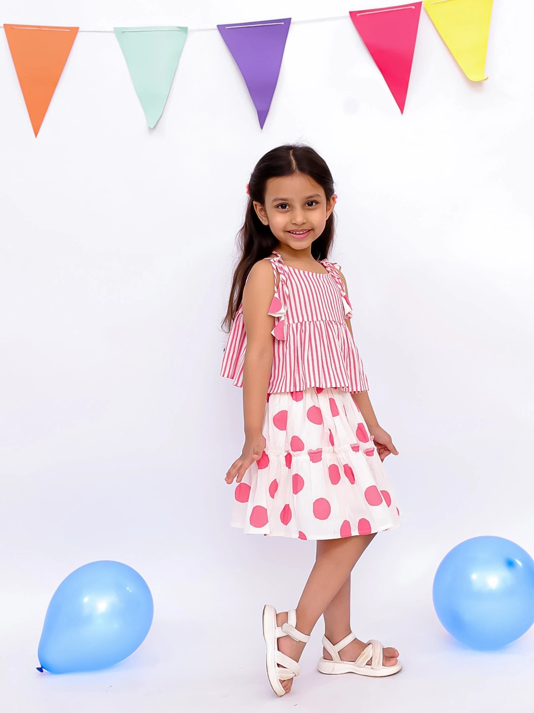 BownBee Summer Sleeveless Pure Cotton Printed Tieup Top & Skirt Set For Girls - Pink