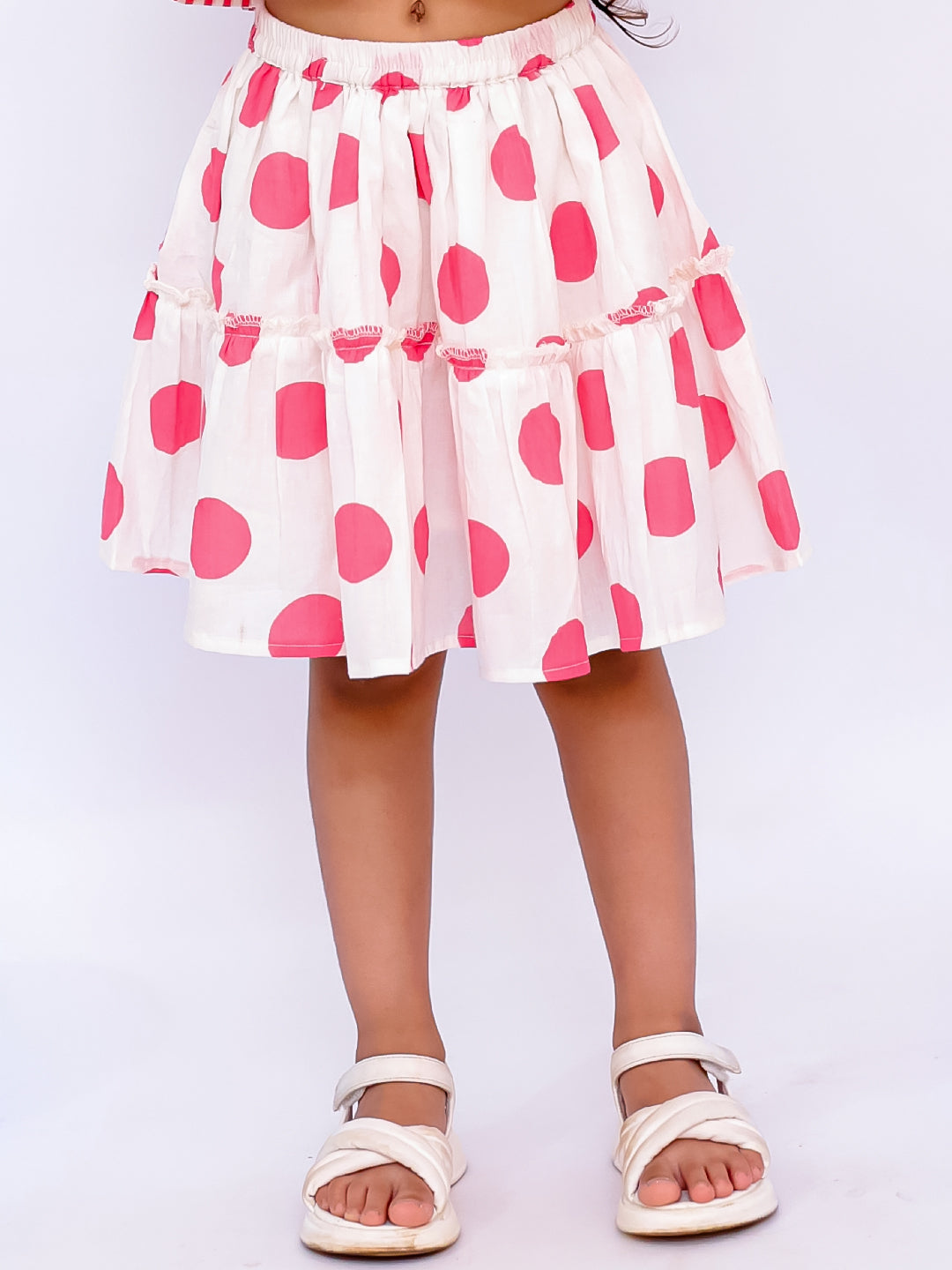 BownBee Summer Polka Dots Short Kurta & Skirt Top Sibling Set - Pink