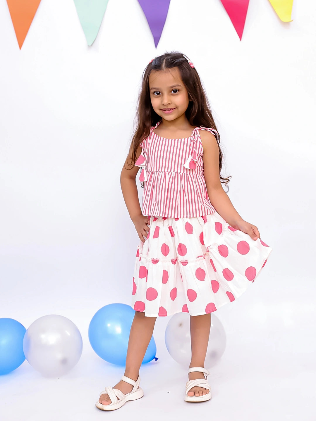 BownBee Summer Sleeveless Pure Cotton Printed Tieup Top & Skirt Set For Girls - Pink