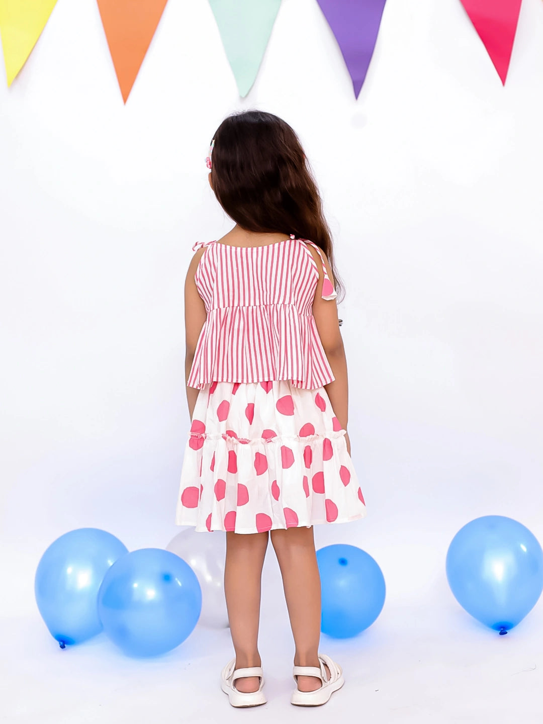 BownBee Summer Sleeveless Pure Cotton Printed Tieup Top & Skirt Set For Girls - Pink