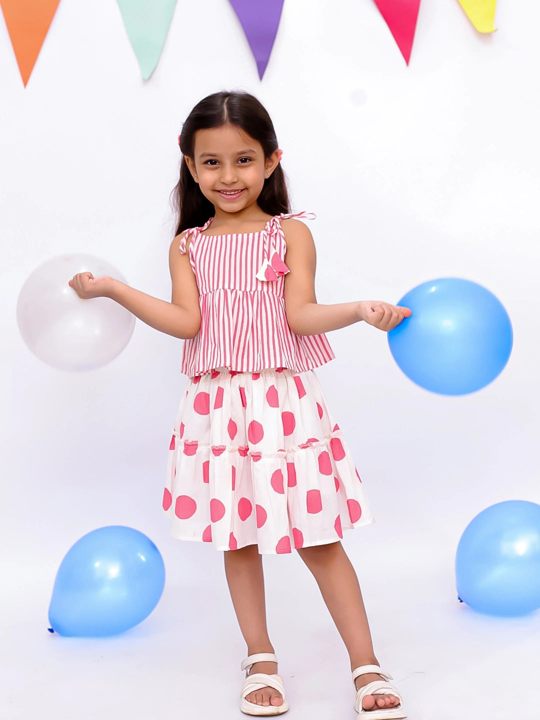 BownBee Summer Sleeveless Pure Cotton Printed Tieup Top & Skirt Set For Girls - Red