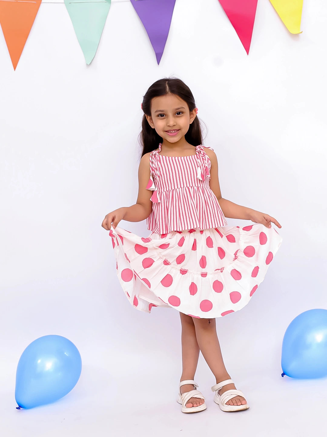 BownBee Summer Sleeveless Pure Cotton Printed Tieup Top & Skirt Set For Girls - Red