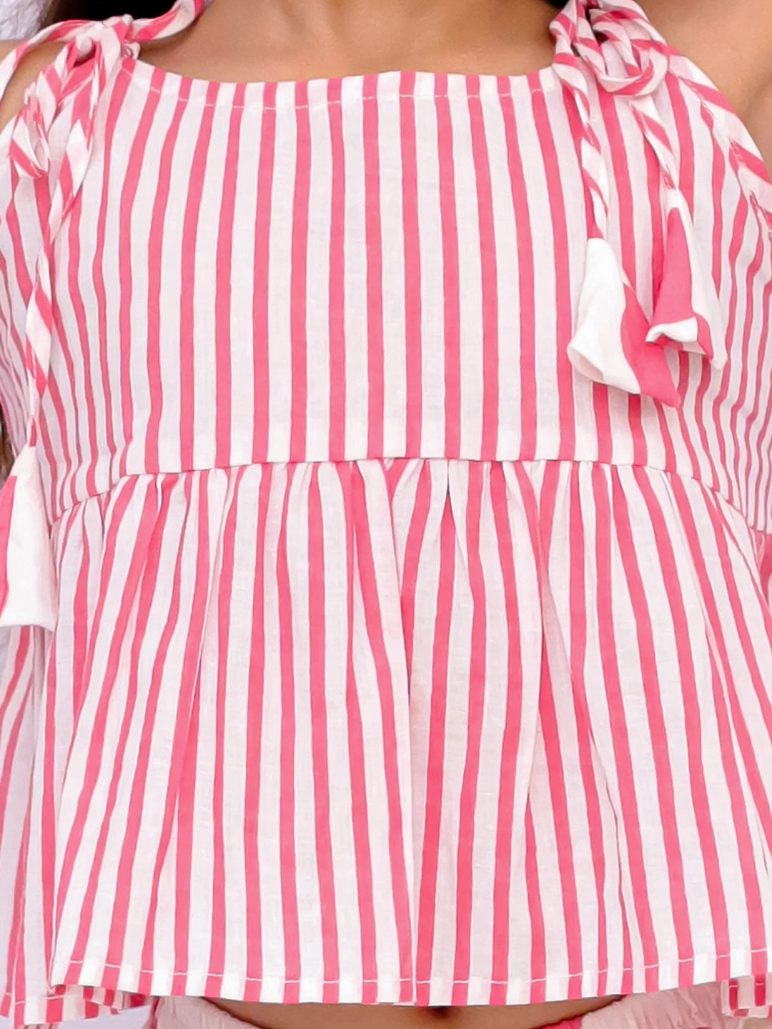 BownBee Summer Sleeveless Pure Cotton Printed Tieup Top & Skirt Set For Girls - Red