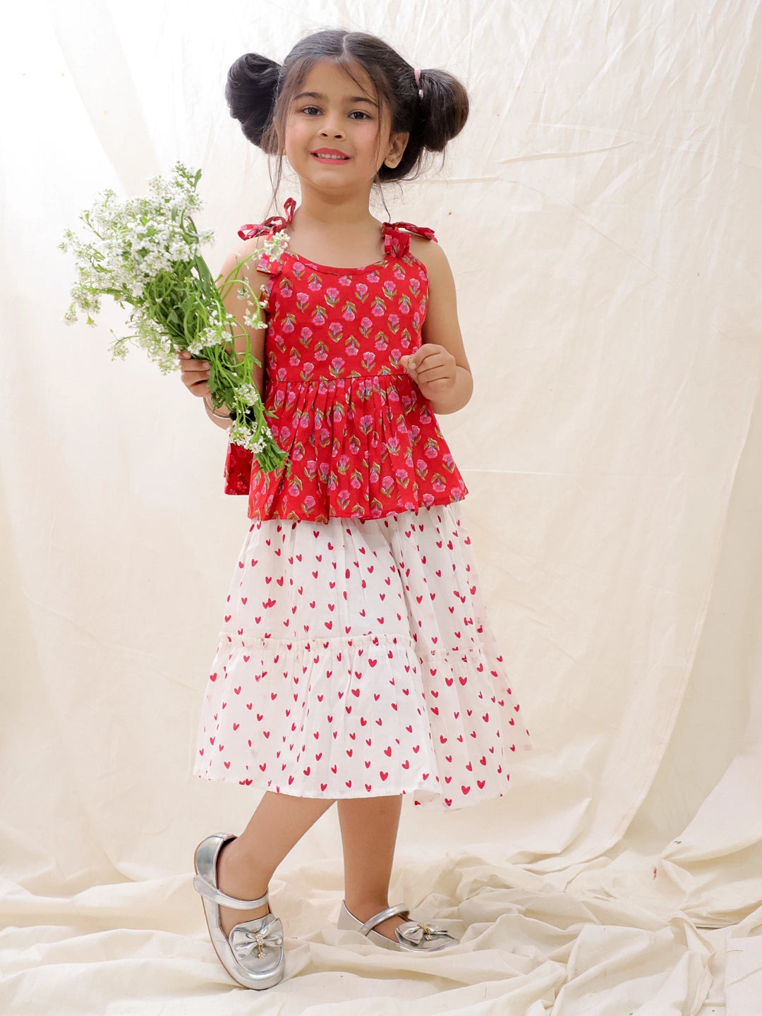 BownBee Summer Sleeveless Pure Cotton Printed Tieup Top & Skirt Set For Girls - Pink