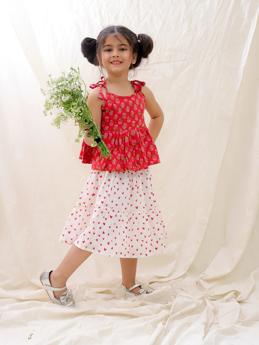 BownBee Summer Sleeveless Pure Cotton Printed Tieup Top & Skirt Set For Girls - Red