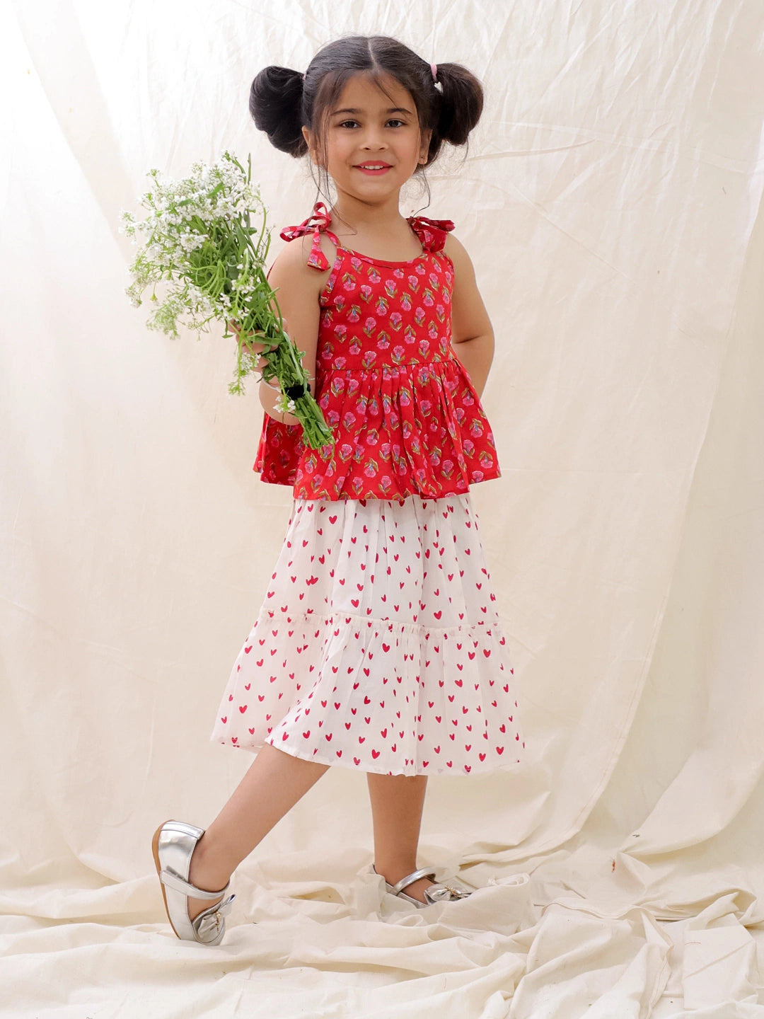 BownBee Summer Sleeveless Pure Cotton Printed Tieup Top & Skirt Set For Girls - Pink