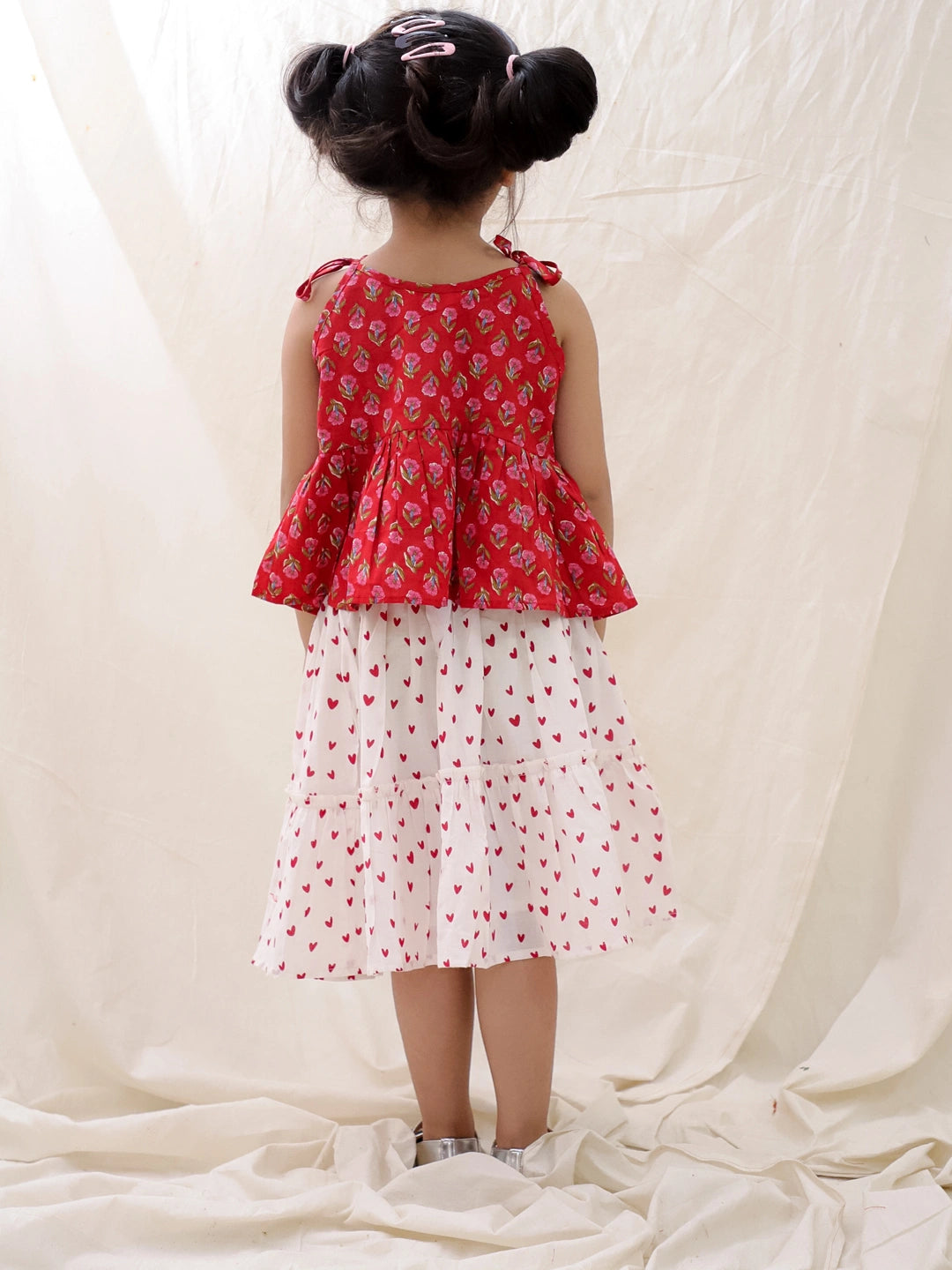 BownBee Summer Sleeveless Pure Cotton Printed Tieup Top & Skirt Set For Girls - Red