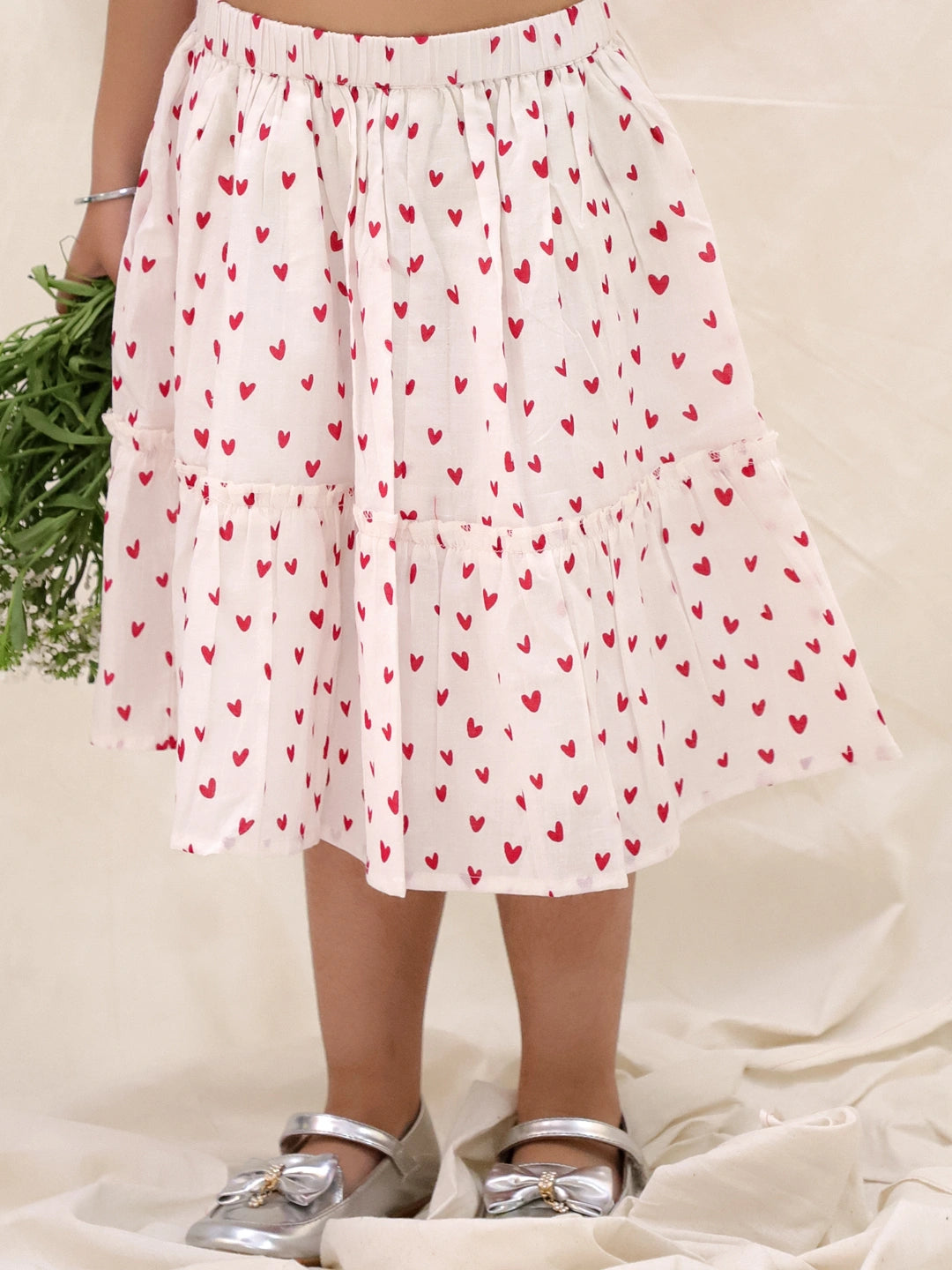 BownBee Summer Sleeveless Pure Cotton Printed Tieup Top & Skirt Set For Girls - Pink