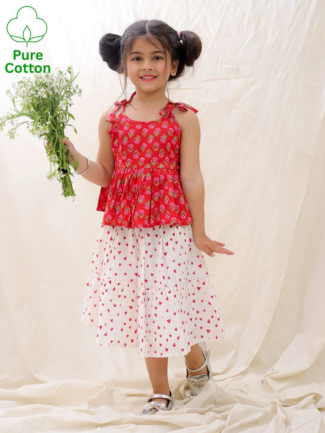 BownBee Summer Sleeveless Pure Cotton Printed Tieup Top & Skirt Set For Girls