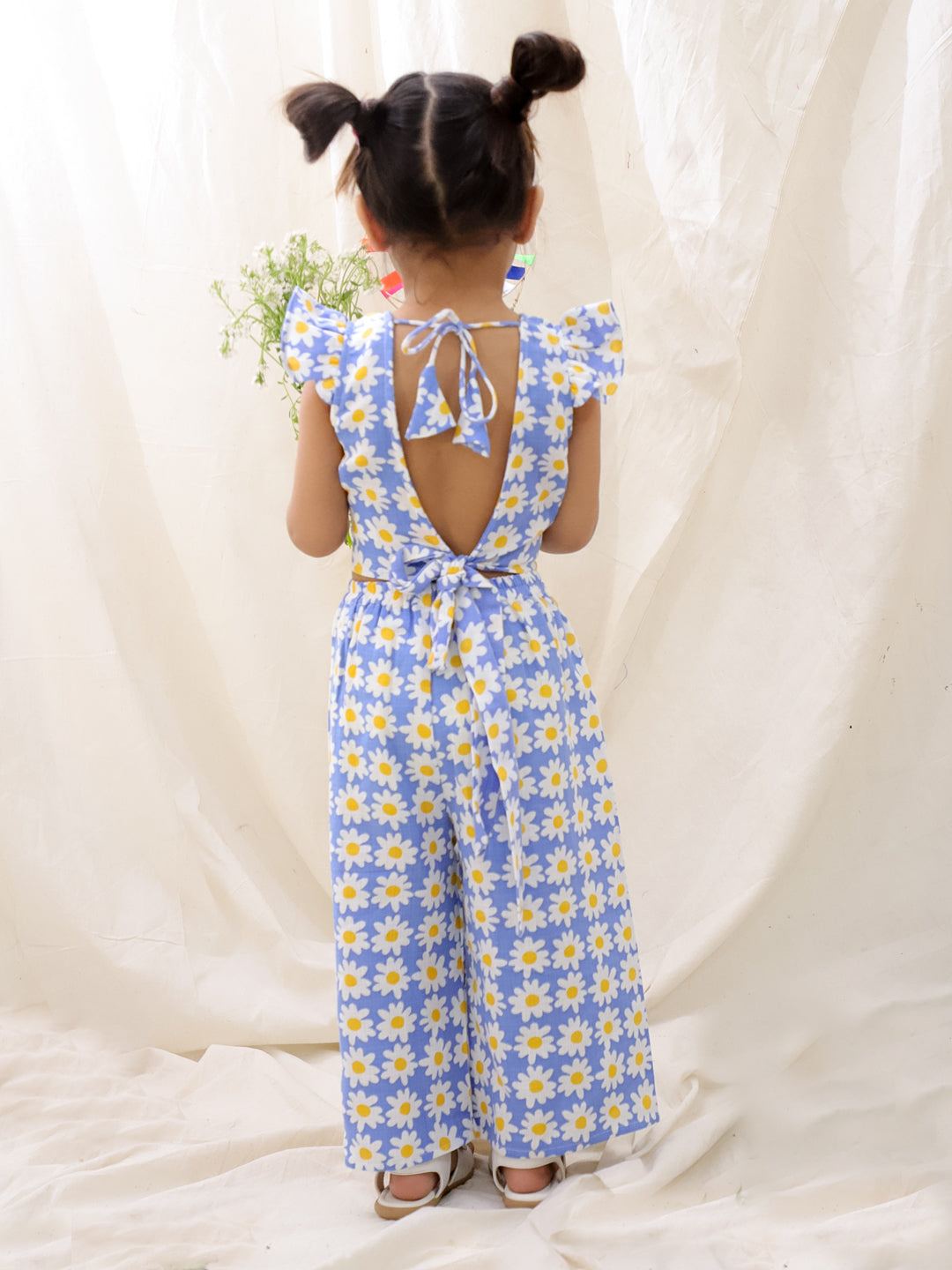 BownBee Summer Sleeveless Pure Cotton Printed Top & Culottes Set For Girls - Blue