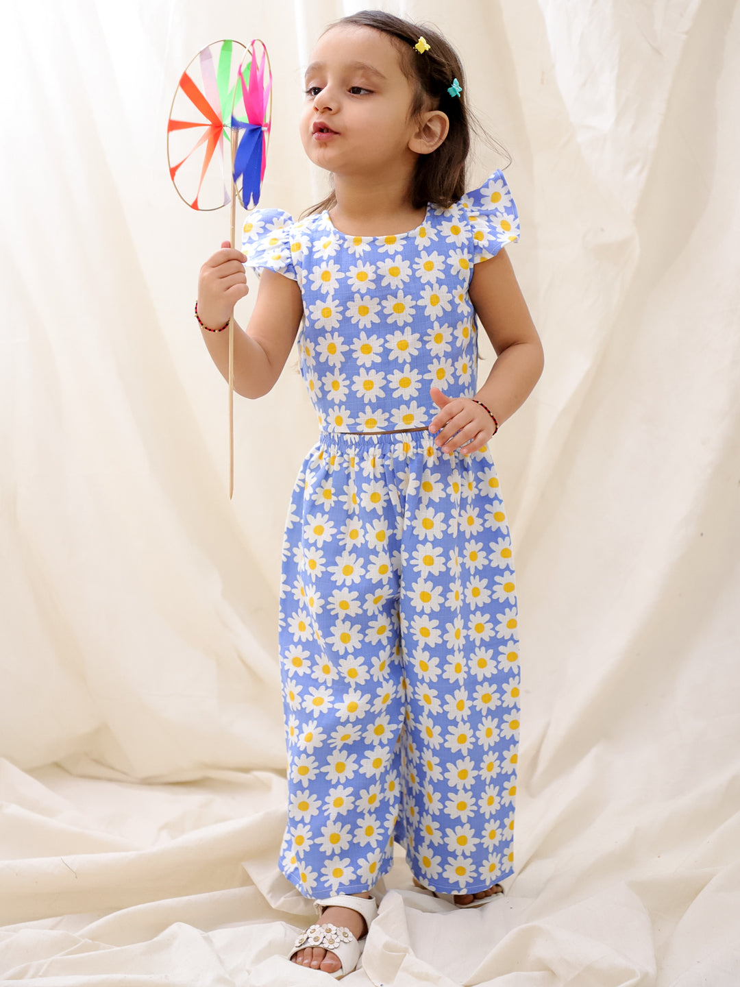 BownBee Summer Sleeveless Pure Cotton Printed Top & Culottes Set For Girls - Blue