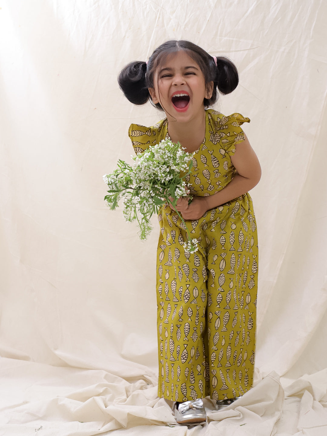 BownBee Pure Cotton Fish Printed Clothing Set & Shirt Sibling Set - Mustard