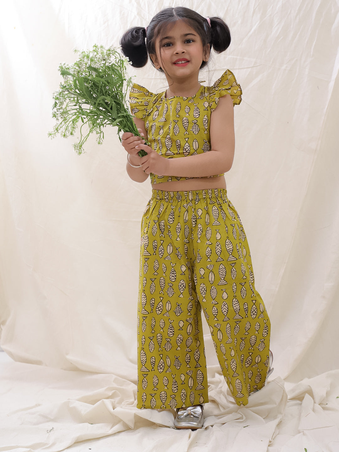 BownBee Summer Sleeveless Pure Cotton Printed Top & Culottes Set For Girls - Blue