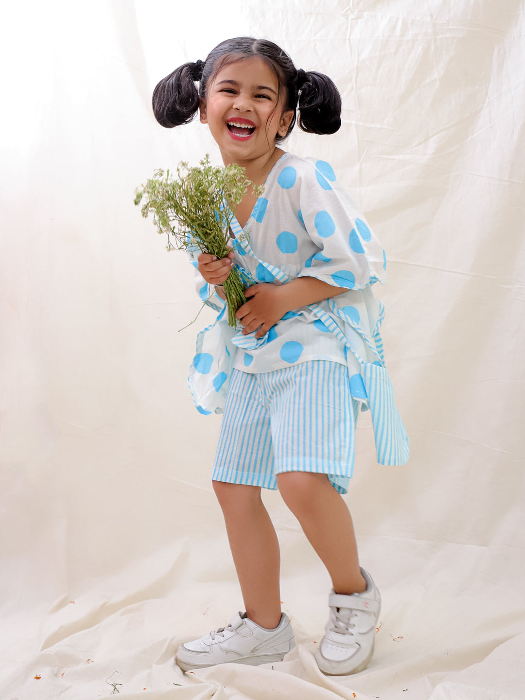 BownBee Summer Pure Cotton Printed Kaftan & Shorts Set For Girls - Blue