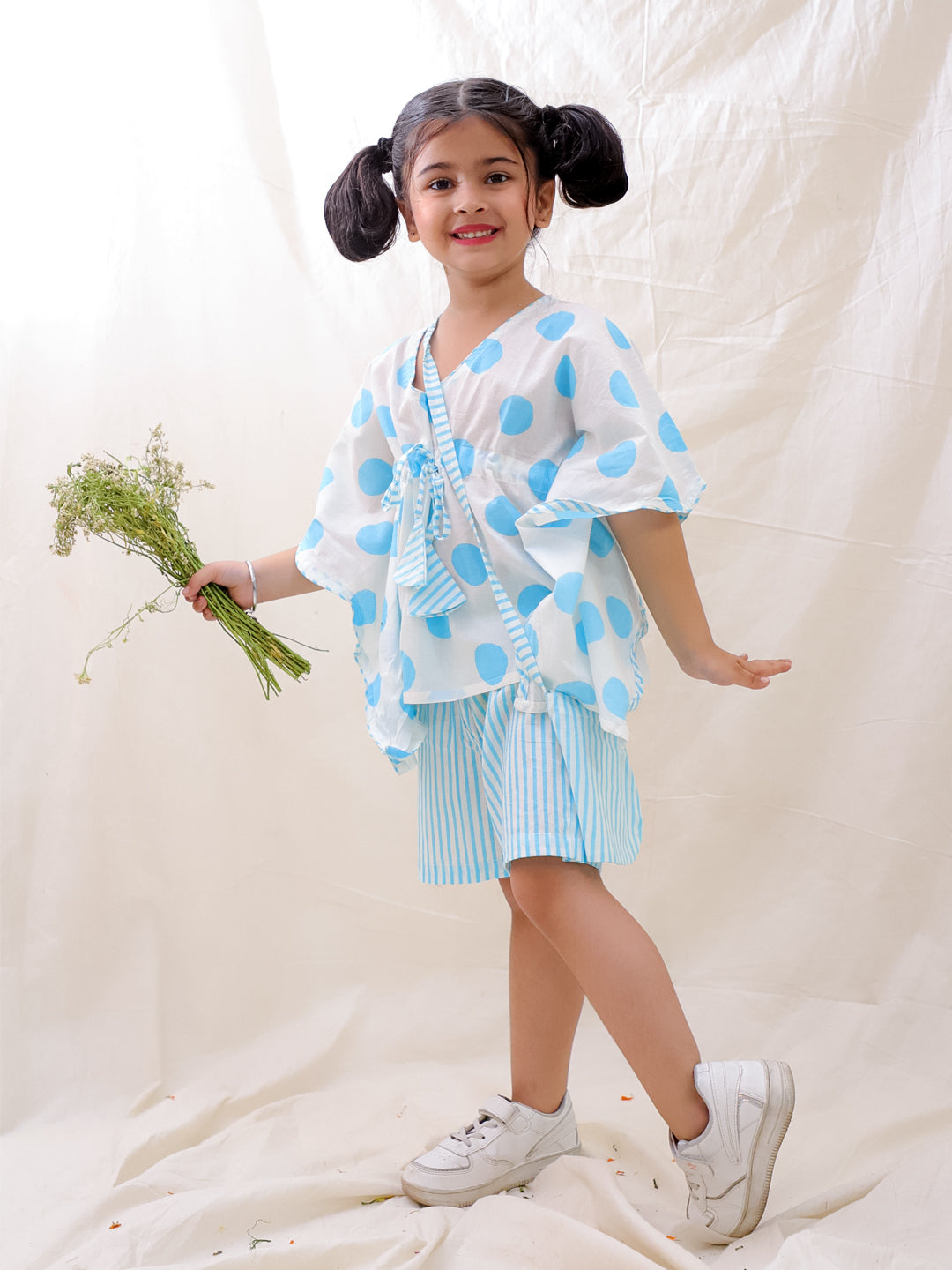 BownBee Summer Polka Dots Short Kurta & Skirt Top Sibling Set - Pink