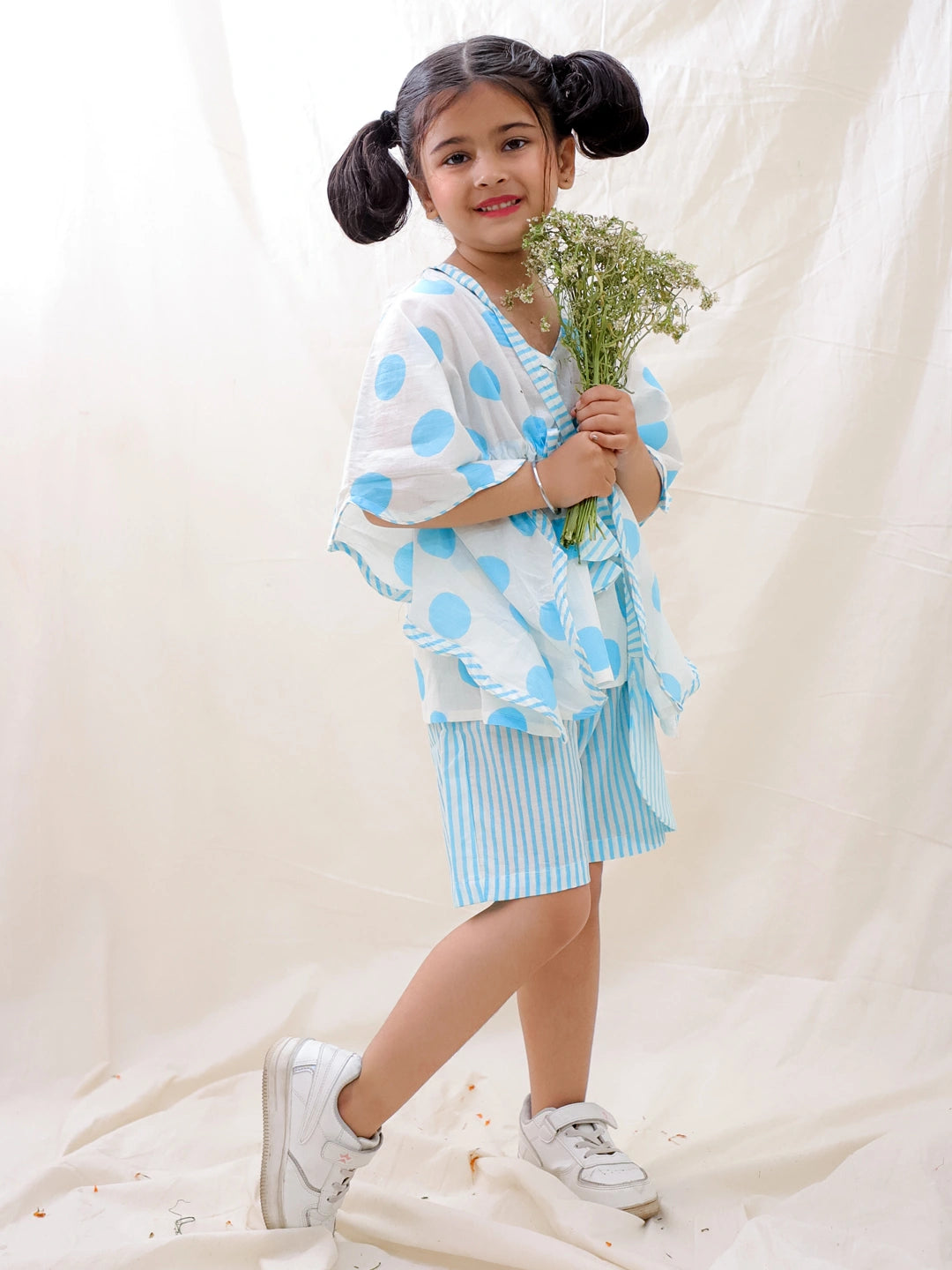 BownBee Summer Pure Cotton Printed Kaftan & Shorts Set For Girls - Blue