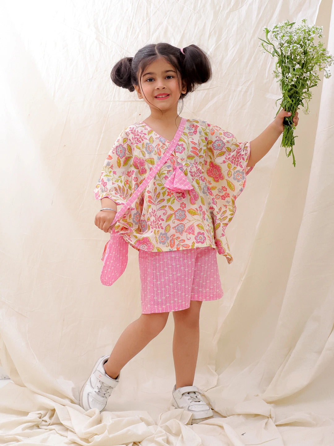 BownBee Summer Pure Cotton Printed Kaftan & Shorts Set For Girls - Yellow