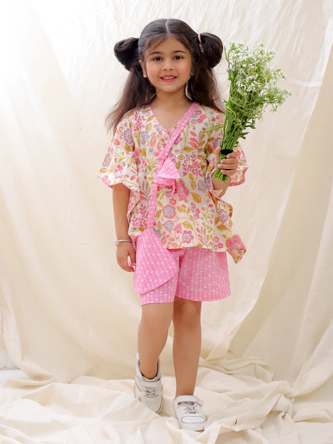 BownBee Summer Pure Cotton Printed Kaftan & Shorts Set For Girls - Rose Pink