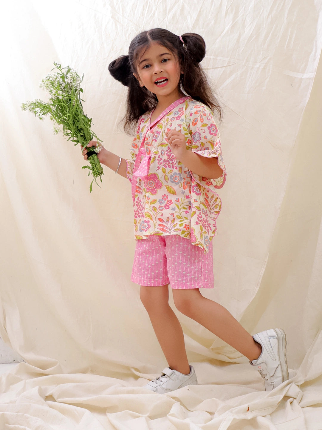 BownBee Summer Pure Cotton Printed Kaftan & Shorts Set For Girls - Fushia Pink