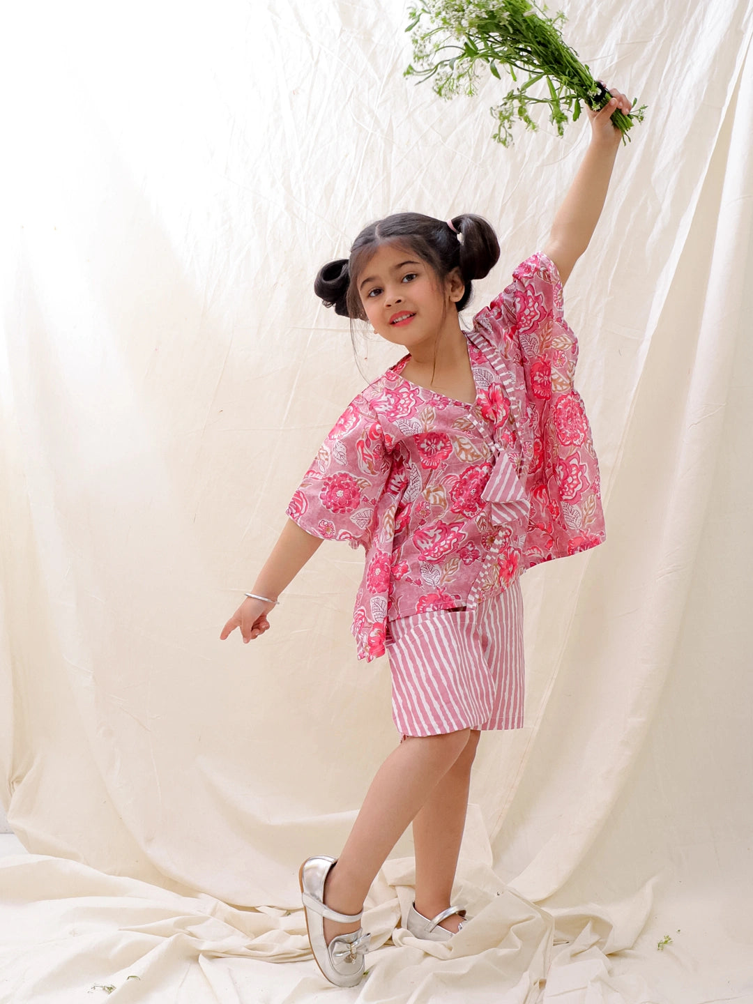 BownBee Summer Pure Cotton Printed Kaftan & Shorts Set For Girls - Rose Pink