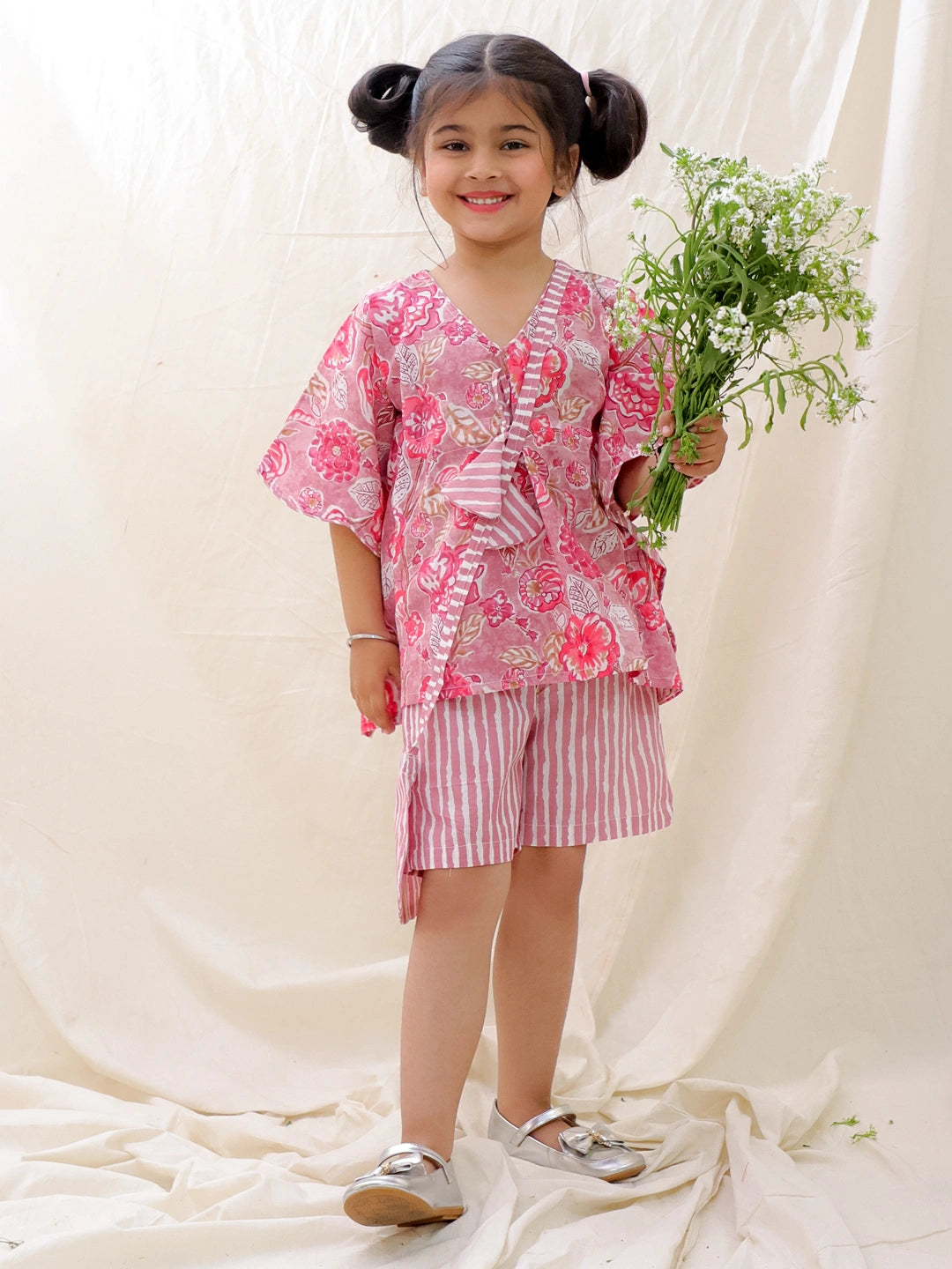 BownBee Summer Pure Cotton Printed Kaftan & Shorts Set For Girls - Yellow