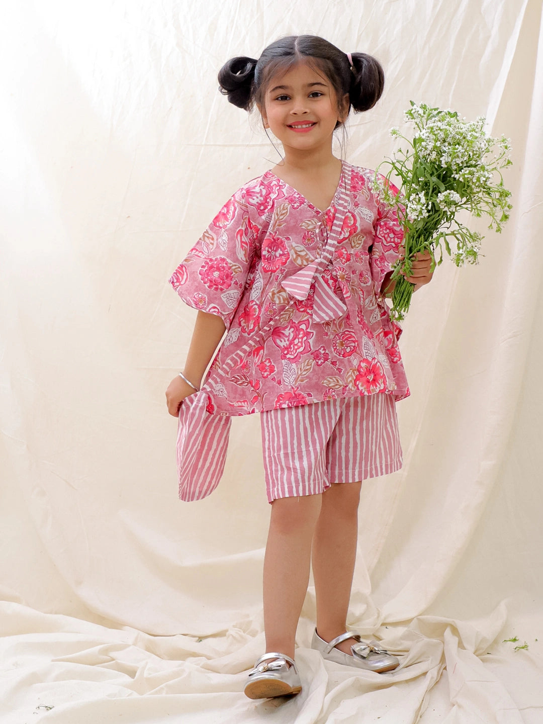 BownBee Summer Pure Cotton Printed Kaftan & Shorts Set For Girls - Pink