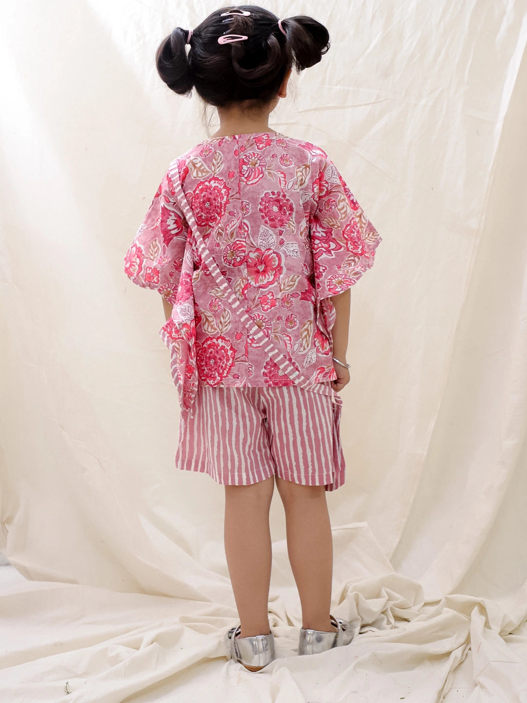 BownBee Summer Pure Cotton Printed Kaftan & Shorts Set For Girls - Fushia Pink