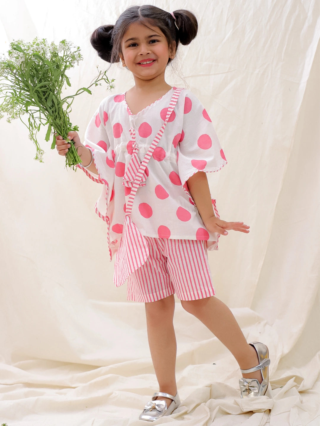 BownBee Summer Pure Cotton Printed Kaftan & Shorts Set For Girls - Pink