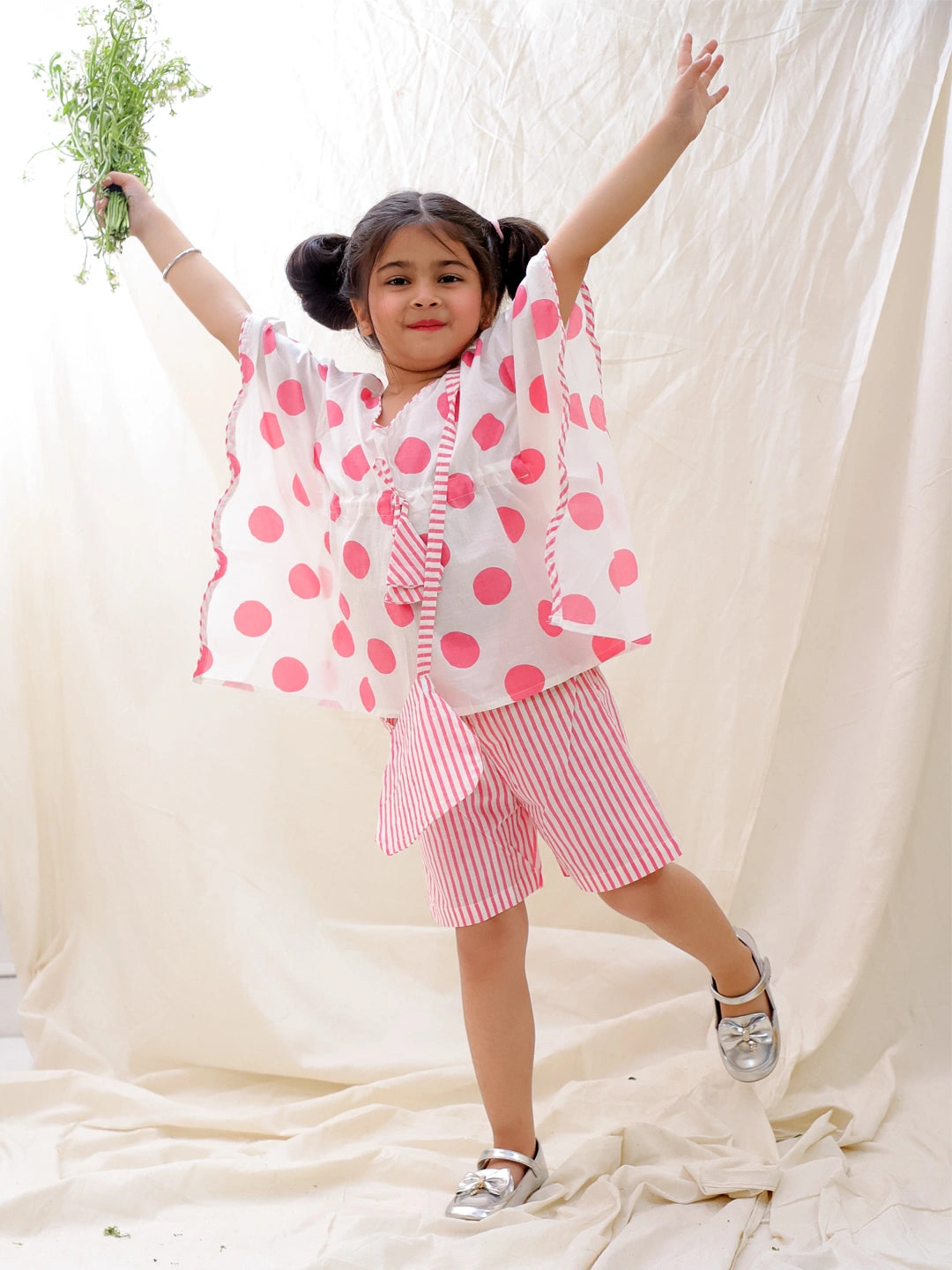 BownBee Summer Pure Cotton Printed Kaftan & Shorts Set For Girls - Fushia Pink