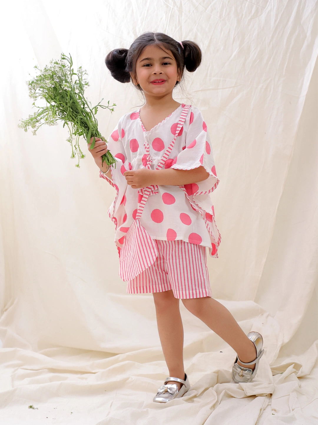 BownBee Summer Pure Cotton Printed Kaftan & Shorts Set For Girls - Fushia Pink