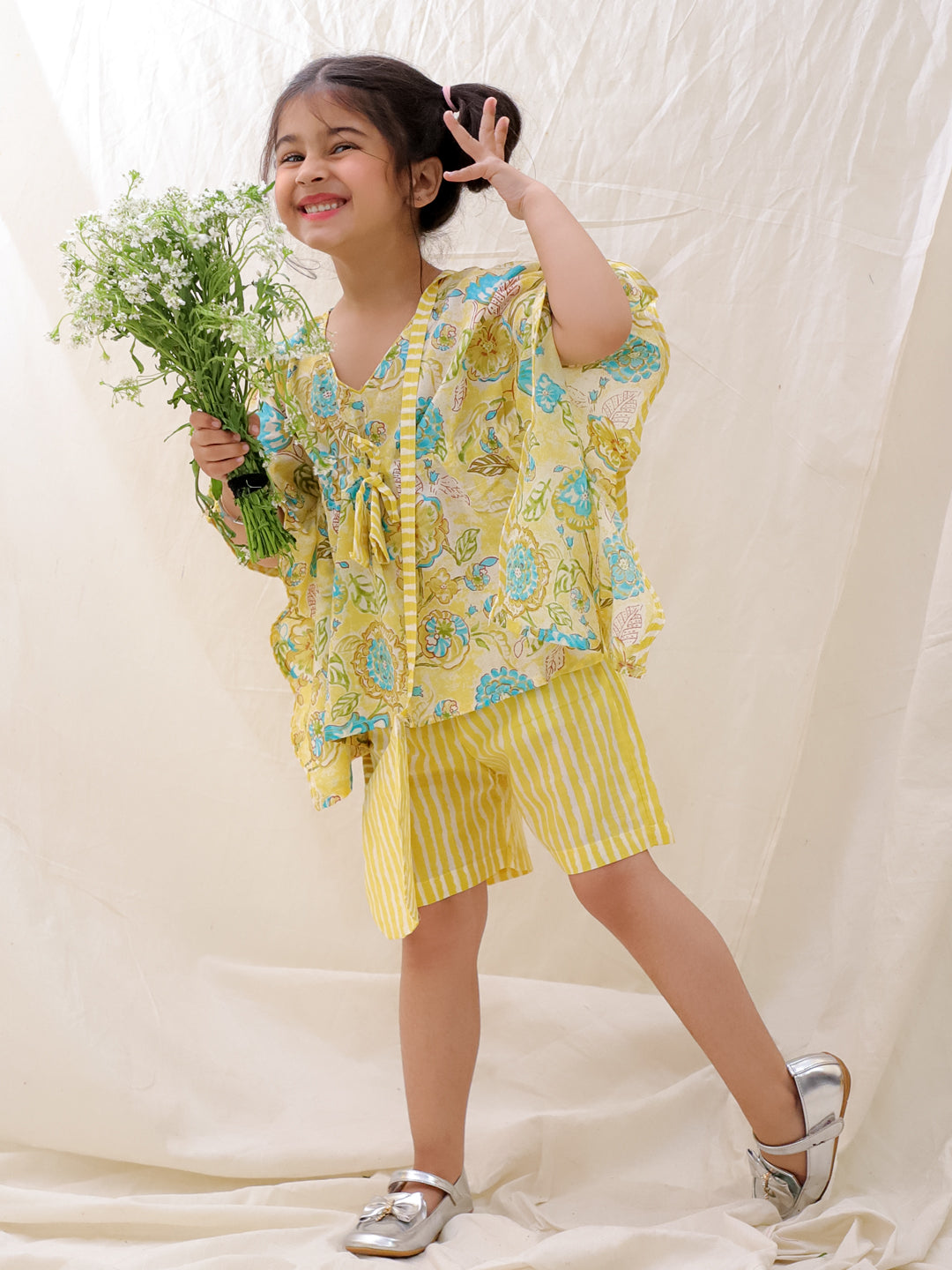 BownBee Summer Pure Cotton Printed Kaftan & Shorts Set For Girls - Blue