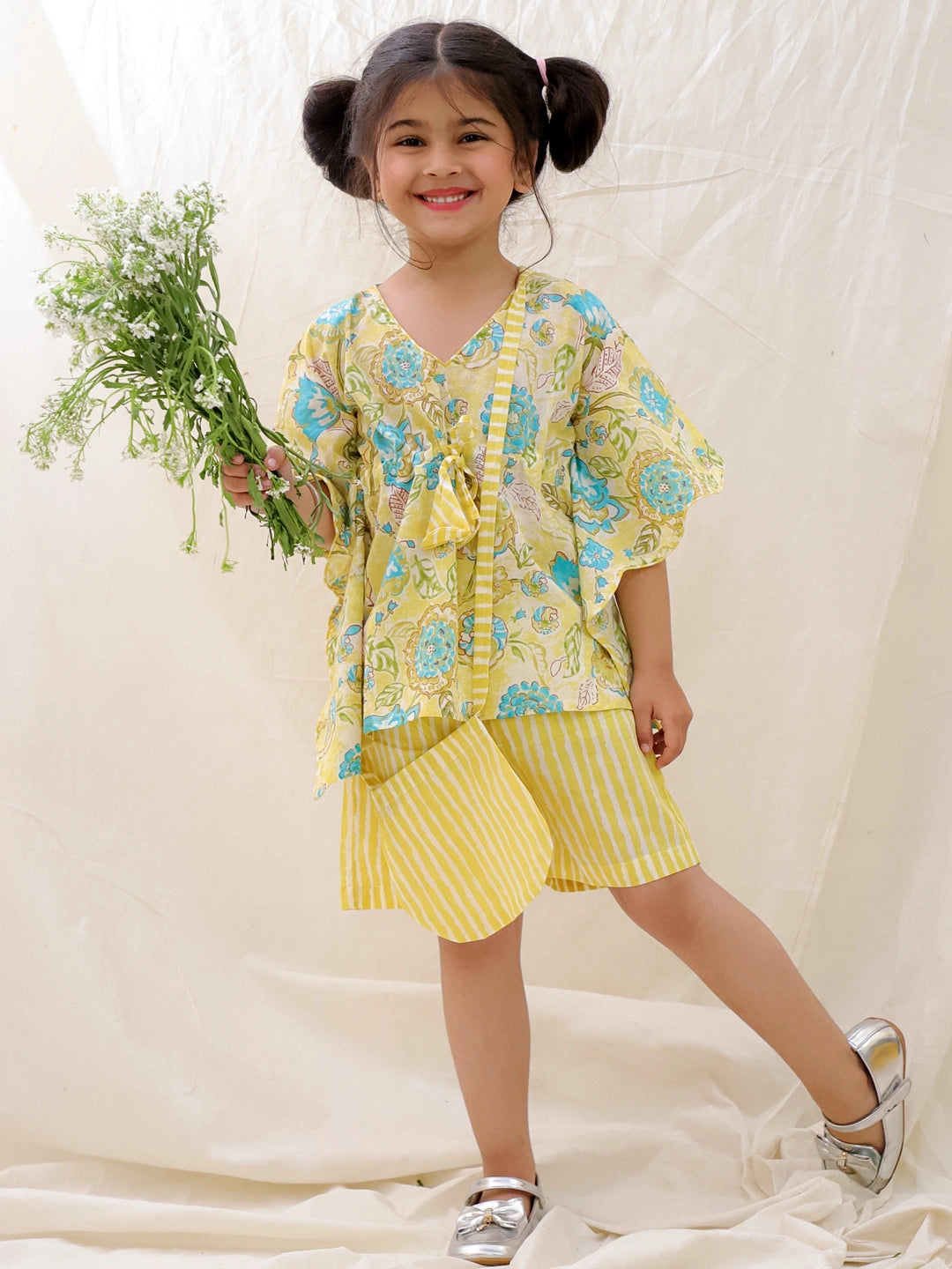 BownBee Summer Pure Cotton Printed Kaftan & Shorts Set For Girls - Blue