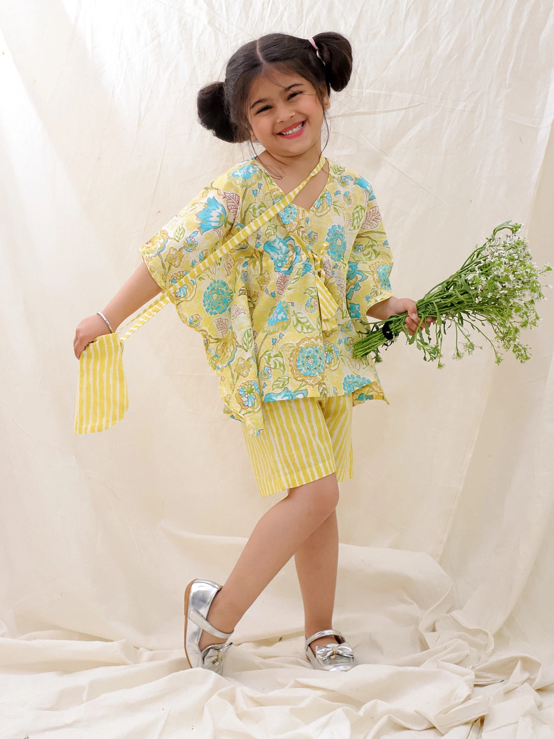 BownBee Summer Pure Cotton Printed Kaftan & Shorts Set For Girls - Yellow
