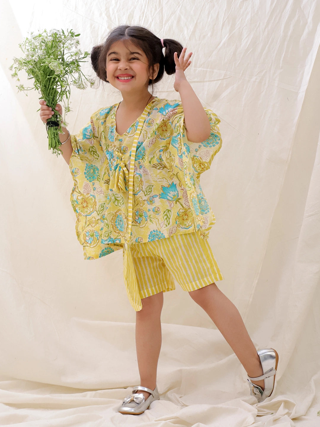 BownBee Summer Pure Cotton Printed Kaftan & Shorts Set For Girls - Blue