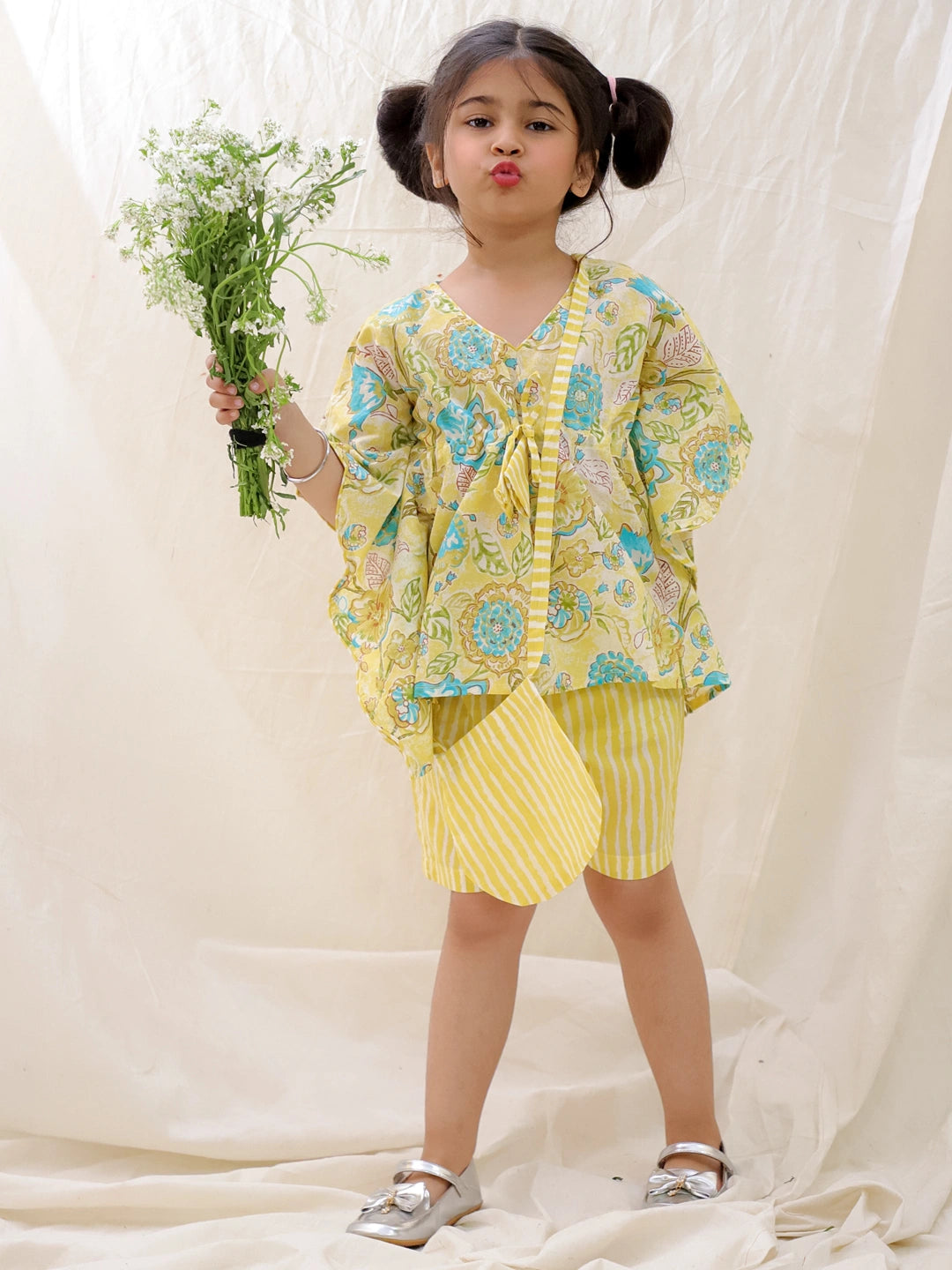 BownBee Summer Pure Cotton Printed Kaftan & Shorts Set For Girls - Fushia Pink