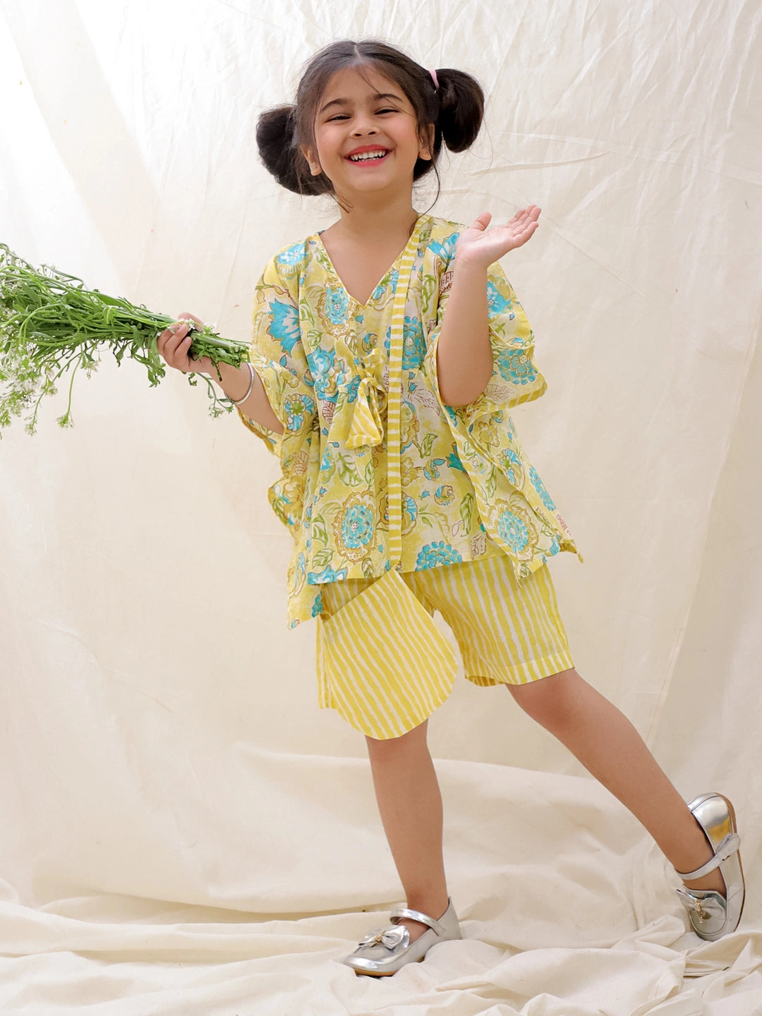 BownBee Summer Pure Cotton Printed Kaftan & Shorts Set For Girls - Blue
