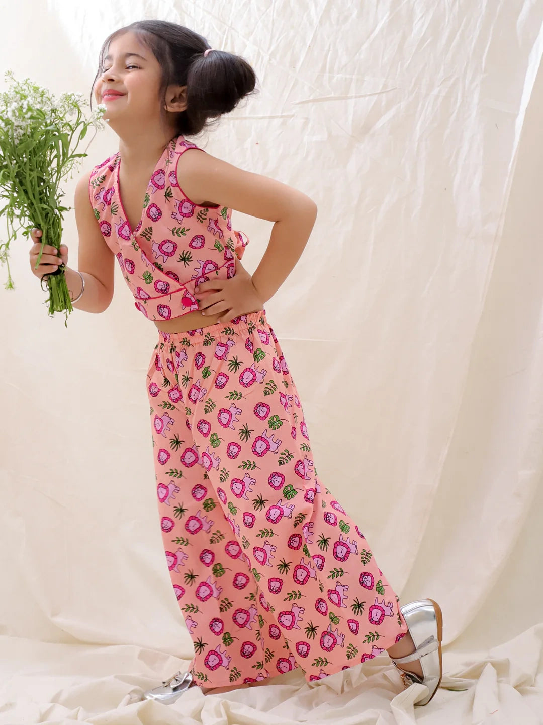 BownBee Summer Sleeveless Pure Cotton Printed Top & Palazo Set For Girls