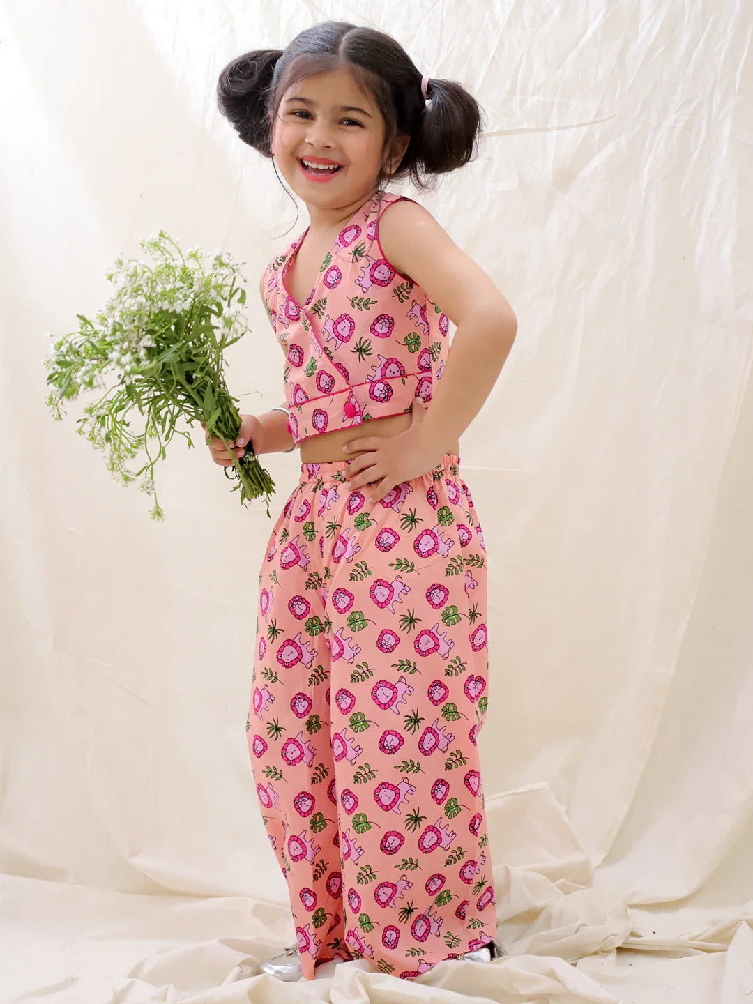 BownBee Summer Sleeveless Pure Cotton Printed Top & Palazo Set For Girls