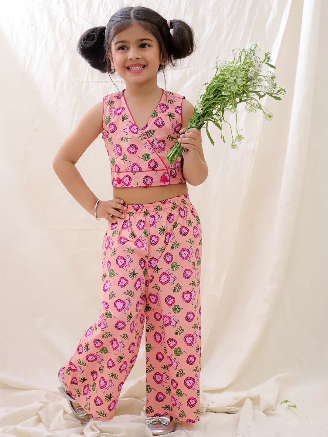 BownBee Summer Sleeveless Pure Cotton Printed Top & Palazo Set For Girls