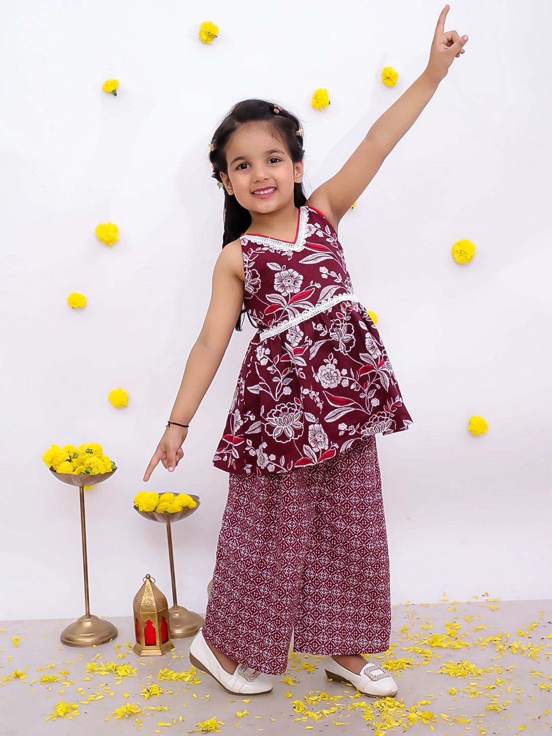 BownBee Sleeveless Top With Palazzo & Printed Full Sleeve Short Kurta Sibling Set