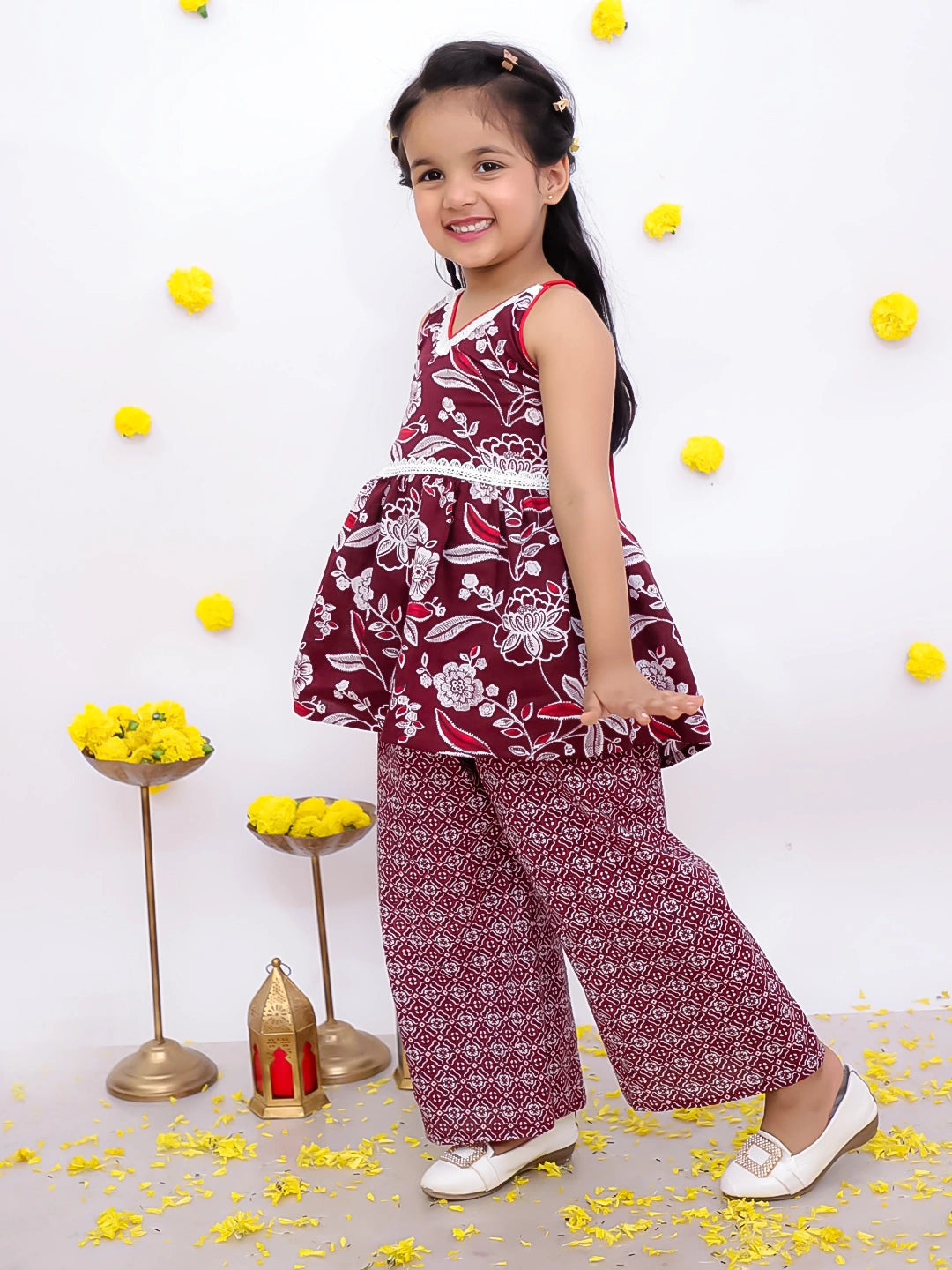BownBee Sleeveless Top With Palazzo & Printed Full Sleeve Short Kurta Sibling Set